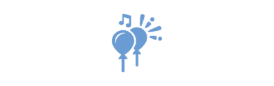 Das hellblaue Icon zeigt zwei Luftballons und Musik drum herum