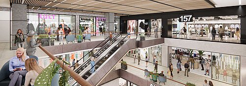Die Visualisierung zeigt die verschiedenen Stockwerke im Shopping-Center, es sind die neuen Läden zu erkennen und eine Rolltreppe. Animierte Menschen vervollständigen das Bild.