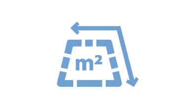 Hellblaues Icon mit Quadratmeterfläche und messendem Pfeil.