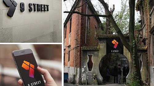 A collage of three images, showing a historic brick building with modern "9 Street" branding.