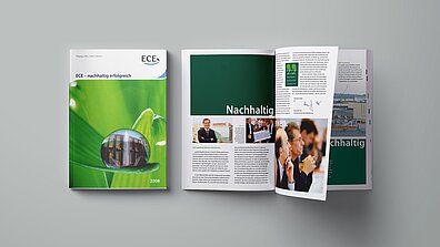 Titelbild und eine aufgeschlagene Seite des ersten Nachhaltigkeitsberichts der ECE