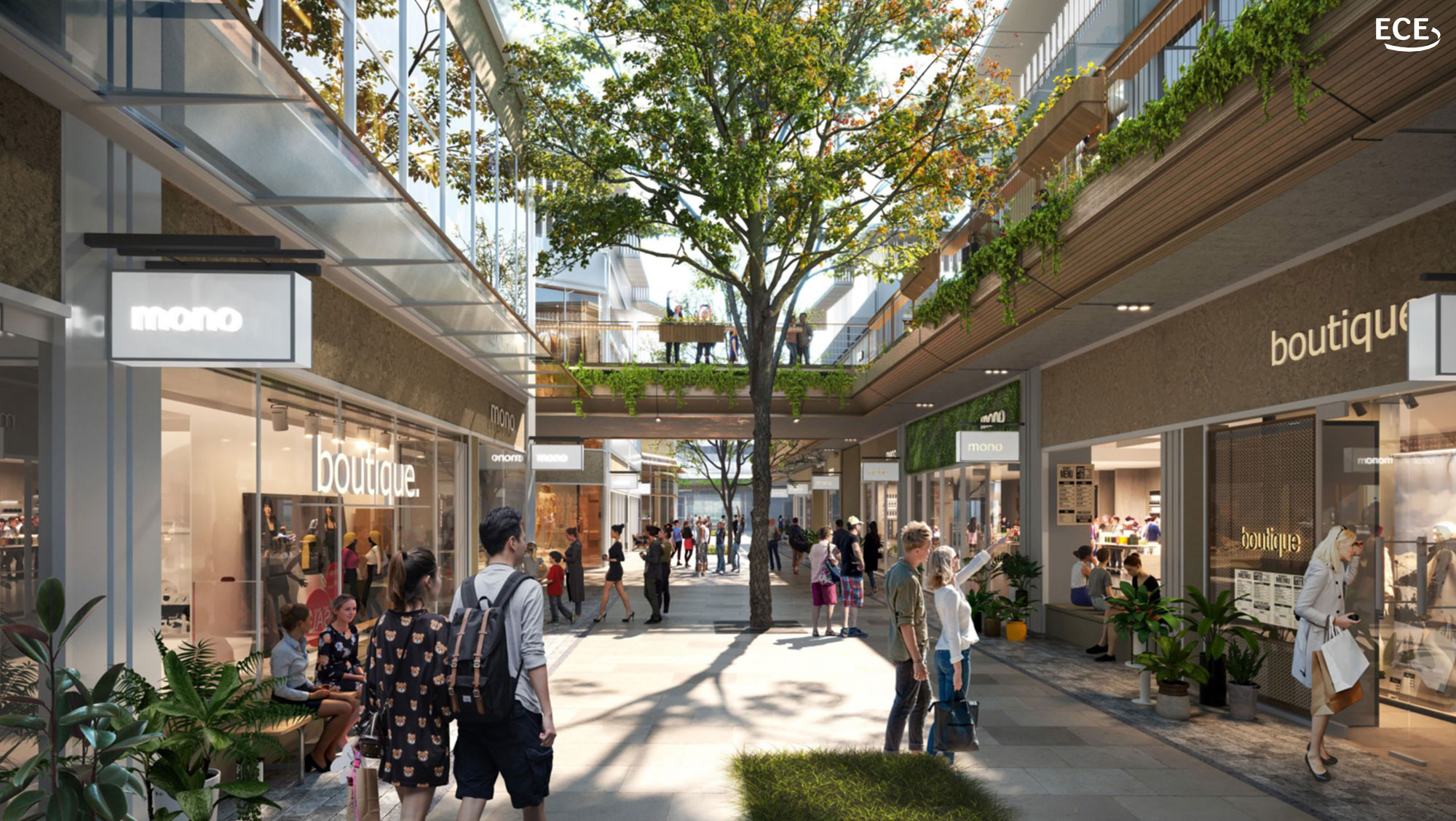 Blick auf eine Shopping-Passage mit Boutiquen und vielen Personen.