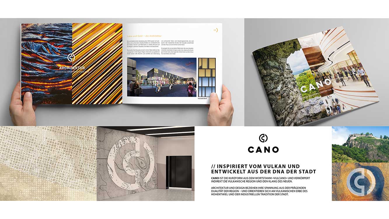 Hochwertige Broschüre mit visuellen Elementen verbunden mit Natur, Architektur und Innovation