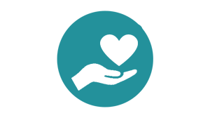 Weißes Icon mit blauer Umrandung in Form einer Hand, die ein Herz hält.