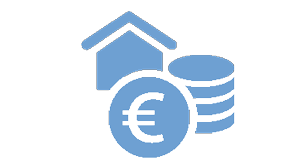 Das hellblau eingefärbte Icon stellt ein Haus dar sowie mehreren Münzen auf dem ein Euro-Zeichen zu sehen ist.