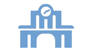 Das hellblau eingefärbte Icon stellt einen Bahnhof dar.