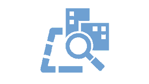Das hellblaue Icon zeigt eine Fläche mit zwei Gebäuden und einer Lupe.